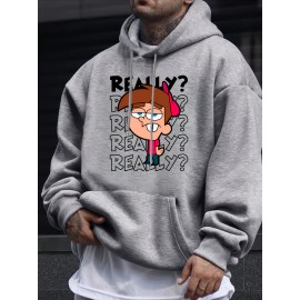 [Cozy Cartoon Hoodie] Cozy Comfort Cartoon Print Men's Hoodie | Long Sleeve Pullover with Fun Animated Character Design, Light Gray, Perfect for Fall and Winter