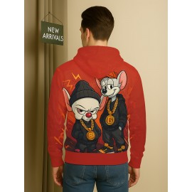 Men's Retro Hip-Hop Hoodie - Red with Cute mice, Drawstring Hood & Front Pocket - Urban Streetwear Sweatshirt for Concerts, Festivals - Machine Washable Gift for Men, Casual Wear, Cartoon Print, Comfortable Fabric, Fashion Enthusiasts