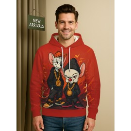 Men's Retro Hip-Hop Hoodie - Red with Cute mice, Drawstring Hood & Front Pocket - Urban Streetwear Sweatshirt for Concerts, Festivals - Machine Washable Gift for Men, Casual Wear, Cartoon Print, Comfortable Fabric, Fashion Enthusiasts