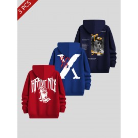 3pcs Men's Casual Fashion Brand Print Hoodie, Long Sleeve Pullover Sweatshirt Set
