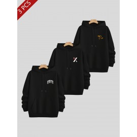 3pcs Men's Casual Fashion Brand Print Hoodie, Long Sleeve Pullover Sweatshirt Set