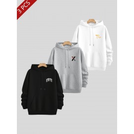 3pcs Men's Casual Fashion Brand Print Hoodie, Long Sleeve Pullover Sweatshirt Set