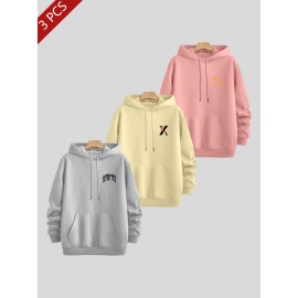 3pcs Men's Casual Fashion Brand Print Hoodie, Long Sleeve Pullover Sweatshirt Set