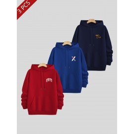 3pcs Men's Casual Fashion Brand Print Hoodie, Long Sleeve Pullover Sweatshirt Set