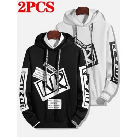 2-Pack Men'S Casual Long Sleeve Hooded Sweatshirts, Polyester Knit Fabric with Slight Stretch, Regular Fit, Alphabet Pattern, Sports Style Hooded Pullover for Outdoor, Leisure & Athletic Wear