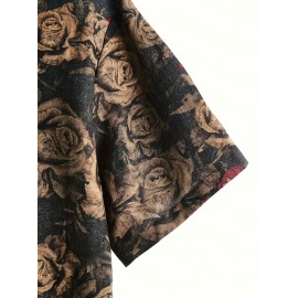 Men's Tropical Floral Print Button-Up Shirt - Short Sleeve, Black Base with Vibrant Red & Pink Roses, Casual Summer Style, Polyester Fabric, Machine Washable