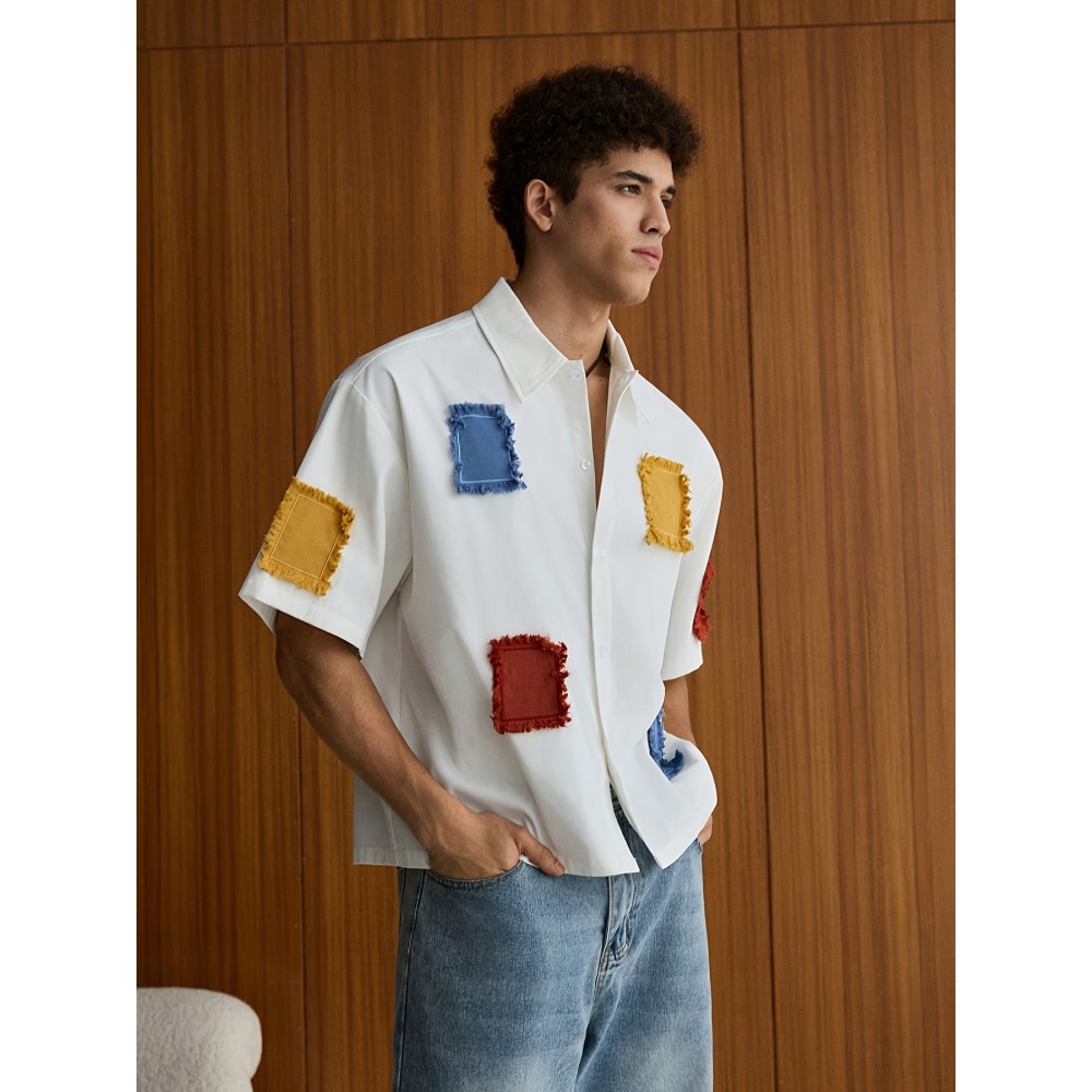 Men'S Summer Casual Color Block Patchwork Short Sleeve Shirt - Loose Fit, Button-Up Collared Blouse with Contrast Colorful Patches, Lightweight Non-Stretch Fabric for Casual Attire, Summer Casual Wear | Buttonup Shirt | Nonstretch Material