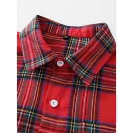 Men'S Casual Red and Green Plaid Long Sleeve Shirt - Polyester, Non-Stretch, Single Breasted, Pocket, Weekend Casual, Regular Fit
