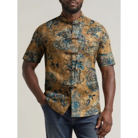 FORTEI Men's Traditional Chinese Tang Suit Short Sleeve Shirt - Lightweight, Light Beige-Friendly Polyester Blend with Intricate Floral Print, Button-Up Collar Design for Casual Summer Wear