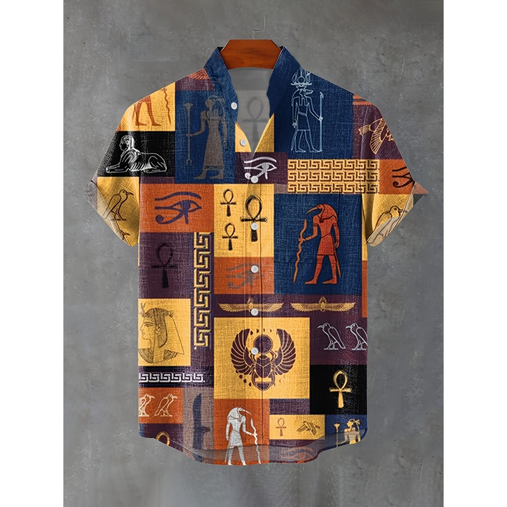 Men'S Vintage Egyptian-Inspired Geometric Art Print Short Sleeve Shirt - Casual Stand Collar, Button-Up, Non-Stretch Fabric, Regular Fit for Summer Outdoor & Casual Attire, All-Season Comfort, Summer Casual Wear | Artistic Print Shirt | Nonstretch F