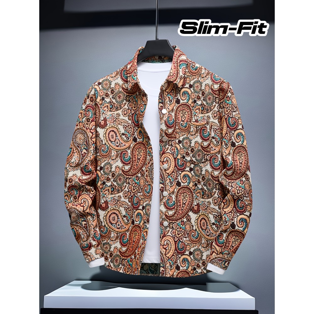 Fashion Apparel, Paisley Pattern Embroidery Craftsmanship Unisex Casual Slim Fit Long-Sleeve Shirt for All Seasons and Gift-Giving