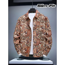 Fashion Apparel, Paisley Pattern Embroidery Craftsmanship Unisex Casual Slim Fit Long-Sleeve Shirt for All Seasons and Gift-Giving