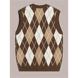 Men's Stylish Preppy Style Knit Vest, Sleeveless Sweater Vest, Casual Plaid Waistcoat