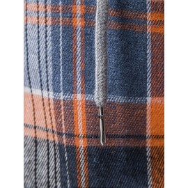 Men'S Fashion Casual Plaid Long Sleeve Hoodie Shirt, Polyester, Regular Fit, Non-Stretch, Spring/Autumn Outdoor Wear, Adult Size, Woven Fabric