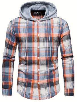Men'S Fashion Casual Plaid Long Sleeve Hoodie Shirt, Polyester, Regular Fit, Non-Stretch, Spring/Autumn Outdoor Wear, Adult Size, Woven Fabric