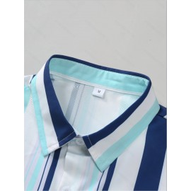 Men's & White Striped Short Sleeve Dress Shirt - Breathable Summer Collar Button-Front Blouse, Mint-Green Tones Vertical Stripes, Casual & Formal Wear (/White/Beige/Navy) - Traditional & Modern Style, Chinese Size, Please Check The Size Guide Carefully