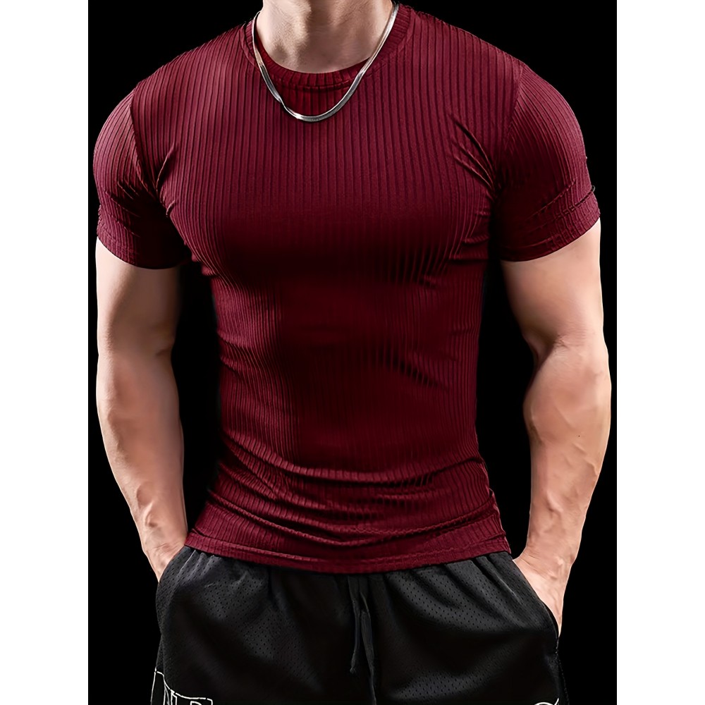 5pcs Men'S Short Sleeve Ribbed Knit T-Shirts - Breathable & Comfortable, Casual Solid Color Crew Neck Tees for Spring/Summer, Lightweight Polyester Blend, Perfect for Casual Attire, Spring Summer Apparel | Casual Style | Comfortable Fit
