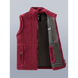 Men'S Patriotic Vest with American Flag Embroidery - Warm Fleece-Lined Fishing Vest for Outdoor Sports, Casual Style, Zip-Up Design, Black & Gray, Polyester Filler, Perfect for Fall/Winter