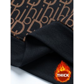 Men's Thermal Fleece-Lined Crewneck Sweatshirt - Thick Winter Warmth with Bold Letter Graphic, Soft Casual Long Sleeve Pullover, Machine Washable Cold Weather Gift for Him, Winter Sweaters, Cold Weather Apparel, Stylish Pullover