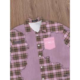 Men'S Casual Plaid Patchwork Short - Brown & White Checkered Pattern, Loose Fit Streetwear Style, Non-Stretch Fabric, Perfect for Camping & Casual Attire, Camping Apparel | Checkered Pattern Shirt | Nonstretch Fabric, Compression Shirt for Men, Gym