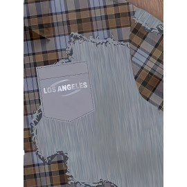 Men'S Casual Plaid Patchwork Short - Brown & White Checkered Pattern, Loose Fit Streetwear Style, Non-Stretch Fabric, Perfect for Camping & Casual Attire, Camping Apparel | Checkered Pattern Shirt | Nonstretch Fabric, Compression Shirt for Men, Gym