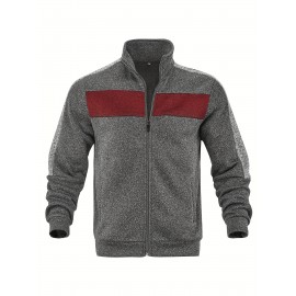 [Men's Color-Block Jacket] Color-Block Men's Knit Zip-Up Jacket | Regular Fit, Contrast Collar, Striped Design, Full-Zip Front, Ribbed Cuffs, Durable Fabric, Everyday Comfort Wear, Casual Outerwear