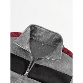 [Men's Color-Block Jacket] Color-Block Men's Knit Zip-Up Jacket | Regular Fit, Contrast Collar, Striped Design, Full-Zip Front, Ribbed Cuffs, Durable Fabric, Everyday Comfort Wear, Casual Outerwear