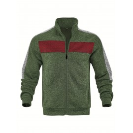 [Men's Color-Block Jacket] Color-Block Men's Knit Zip-Up Jacket | Regular Fit, Contrast Collar, Striped Design, Full-Zip Front, Ribbed Cuffs, Durable Fabric, Everyday Comfort Wear, Casual Outerwear