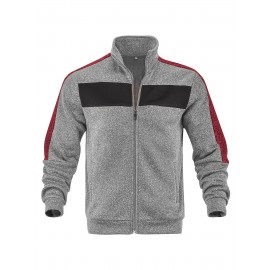 [Men's Color-Block Jacket] Color-Block Men's Knit Zip-Up Jacket | Regular Fit, Contrast Collar, Striped Design, Full-Zip Front, Ribbed Cuffs, Durable Fabric, Everyday Comfort Wear, Casual Outerwear