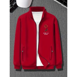 Casual Varsity Jacket for Men - Knit Polyester Blend, Regular Fit, Stand Collar, Slight Stretch, Classic Rose Print Detail