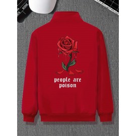 Casual Varsity Jacket for Men - Knit Polyester Blend, Regular Fit, Stand Collar, Slight Stretch, Classic Rose Print Detail