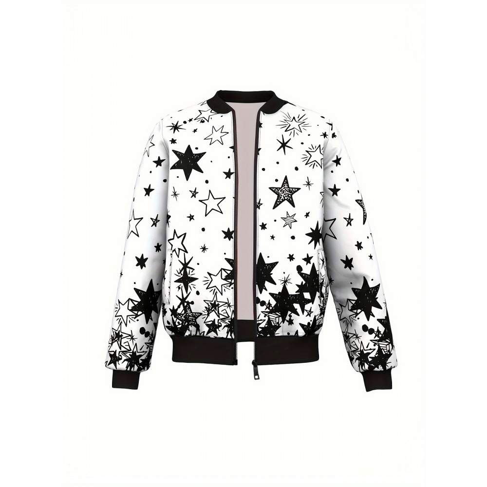 Men's Sporty Starry Sky Print Jacket - Polyester, Zip-Up Baseball Collar with Pockets, Machine Washable - Perfect for Spring/Fall