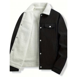 Men's Sherpa Lined Corduroy Jacket with Fleece Collar - 2024 Autumn Winter Casual Warm Thickened Polyester Button-Up Coat