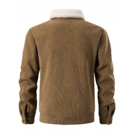 [Heavyweight Winter Jacket] Winter Heavyweight Men's Jacket | Corduroy Texture, Fleece Lining, Flip Collar, Double Pockets, Single-Button Closure, Machine Washable Polyester, Regular Fit Casual Outerwear