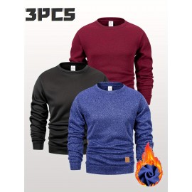 3pcs Men'S Crew Neck Sweatshirts with Fleece Lining - Vintage Style, Thick Knit Pullover Sweatshirts in Black, Navy Blue, and Maroon - Casual & Sporty for Spring, Fall, and Winter - Perfect for Outdoor Activities, Fitness, and Travel