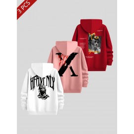 3pcs Men's Casual Fashion Brand Print Hoodie, Long Sleeve Pullover Sweatshirt Set