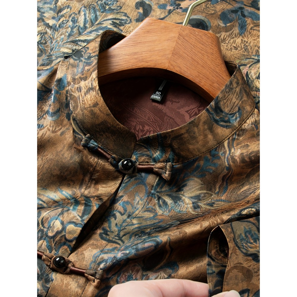 FORTEI Men's Traditional Chinese Tang Suit Short Sleeve Shirt - Lightweight, Light Beige-Friendly Polyester Blend with Intricate Floral Print, Button-Up Collar Design for Casual Summer Wear