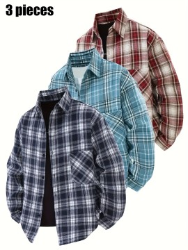 3pcs Men'S Scandinavian Vintage Plaid Shirt Set - Loose Fit, Breathable Rayon, Long Sleeve with Button-Up Design, Perfect for Fall & Spring Casual Wear, Casual Wear Shirts|Vintage Plaid Shirt|Asymmetrical Hemline, Thick