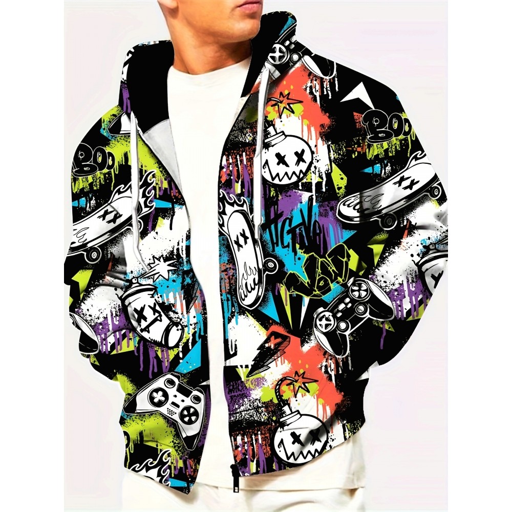 [1pc Men'S Novelty Hooded Jacket] 1pc Men'S Novelty Hooded Jacket, Casual Geometric Pattern Knit Polyester Fiber, Regular Fit Spring/Autumn Outerwear with Zip Closure