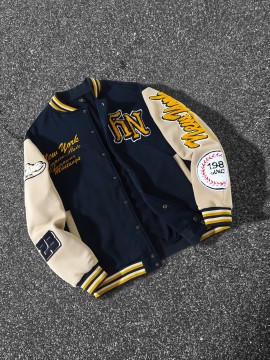 Men'S Navy Blue & White Patchwork Baseball Jacket - NY Logo & Letter Print, Snap Closure, Long Sleeve, Regular Fit with Pockets for Casual Streetwear, Baseball Jacket, Durable Fabric