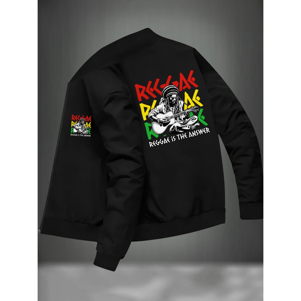 Polyester Knit Graphic Print Bomber Jacket - Men's Casual Reggae Stand Collar Zipper Closure - Fall/Winter Skinny Fit with Pocket Detail