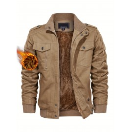 Men's Winter Fleece-Lined Cargo Jacket - Windproof Stand Collar Zipper Jacket with Ribbed Cuffs, Multi-Pockets & Soft Shell for Fall Winter Daily Wear, Outdoor Hiking Camping