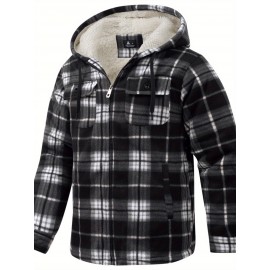 Men's Sherpa-Lined Full-Zip Hooded Jacket - Plaid Flannel Winter Coat with Turquoise/Black/White/Gray Plaid, Machine Washable, Full-Zip Front & Pockets - Casual Outdoor & Everyday Cold Weather Outerwear (Regular Fit)