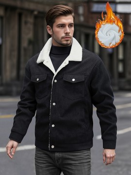 Men's Sherpa Lined Corduroy Jacket with Fleece Collar - 2024 Autumn Winter Casual Warm Thickened Polyester Button-Up Coat